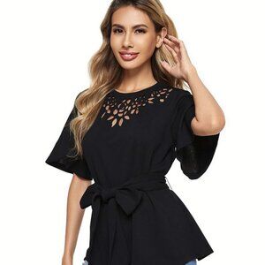 Women's Bow Self Tie Scalloped Cut Out Short Sleeve Work Tunic Top Black Solid M